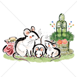 【イラスト】筆で描かれた親子のネズミと門松の和風素材