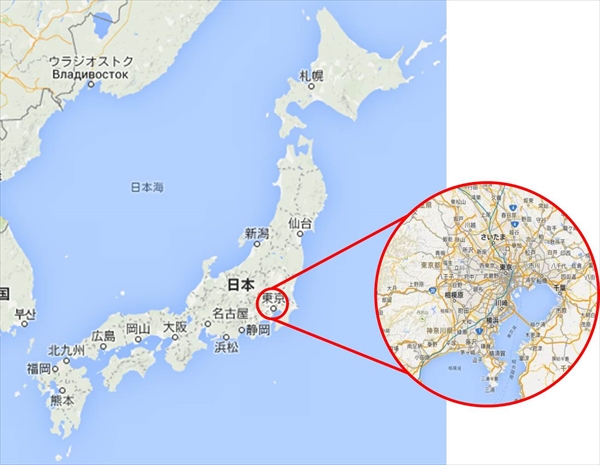 日本地図から関東近郊の地図をアップした図